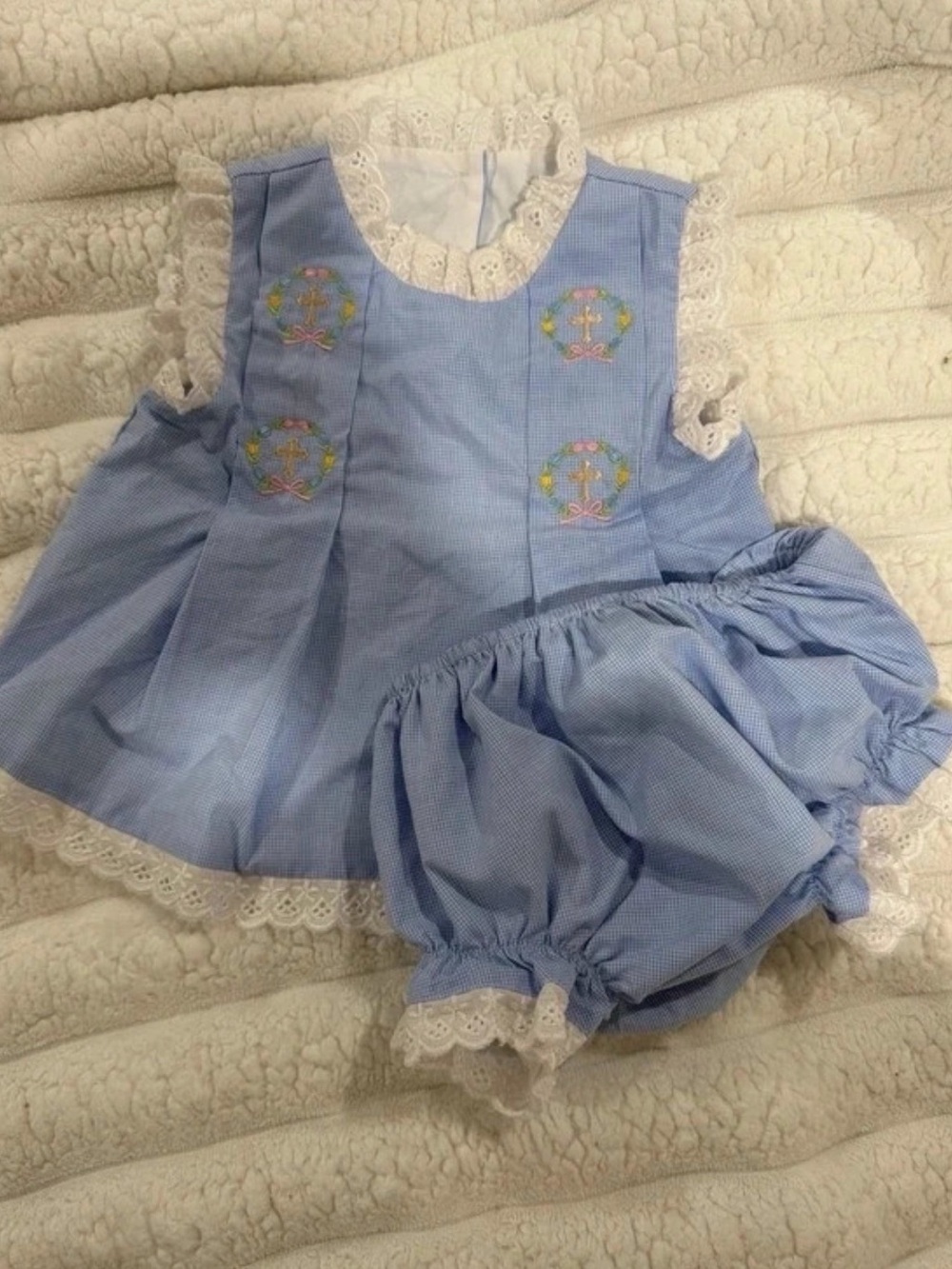 Blue Lace-Trim Smocked Diaper Cover Set for Girls